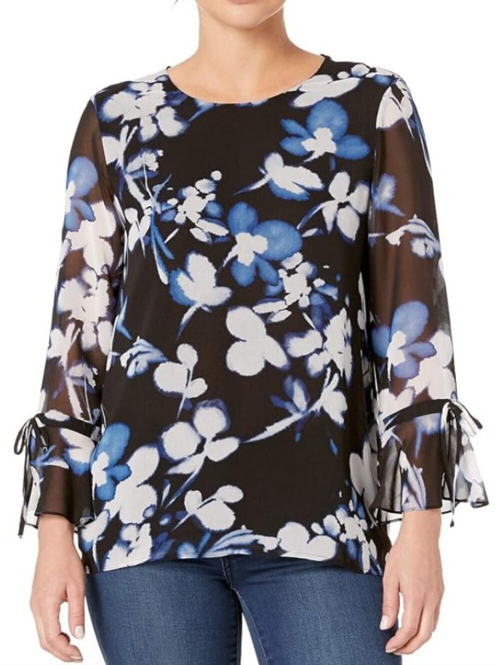 Calvin Klein Black & Blue Floral Semi Sheer Blouse, Size S